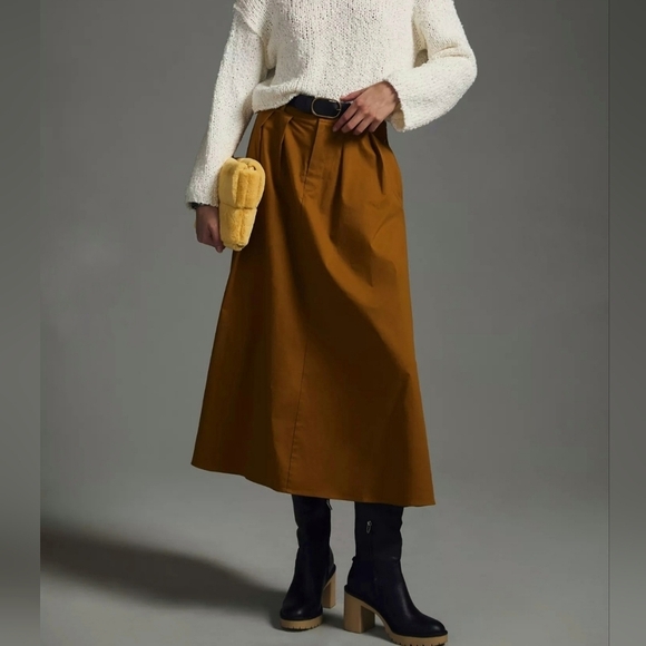 Anthropologie A-Line Maxi Skirt Size 0 Pleated Acorn Chestnut Boho Minimalist - Picture 2 of 16